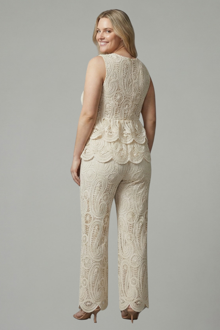 Delvorna | Women's Lace Two Piece Set Wide Leg Pants - Cream - Image 5