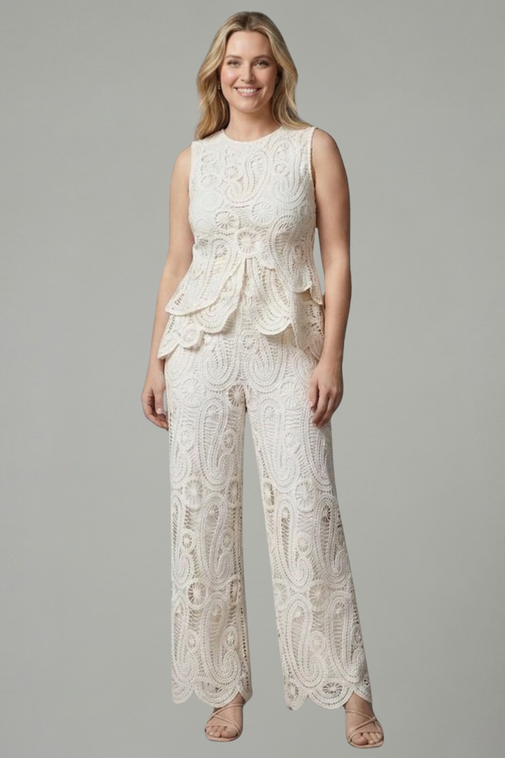 Delvorna | Women's Lace Two Piece Set Wide Leg Pants - Cream - Image 6