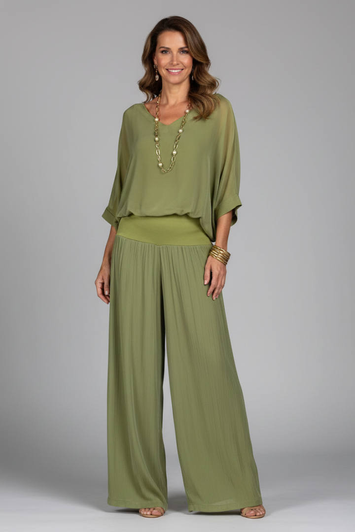 Delvorna | Women's Matching Two Piece Wide Leg Set - Sage - Image 1