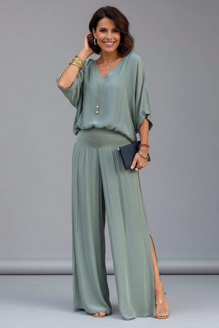 Delvorna | Women's Matching Two Piece Wide Leg Set - Sage - Image 8
