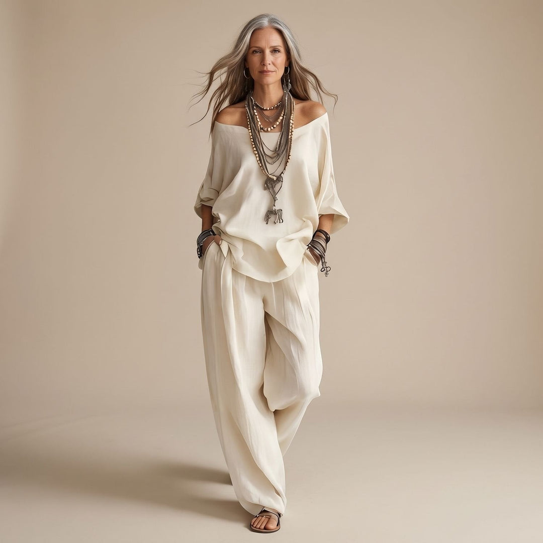 Delvorne | Women's Boho Off-Shoulder Top & Wide-Leg Pants Set - Image 1