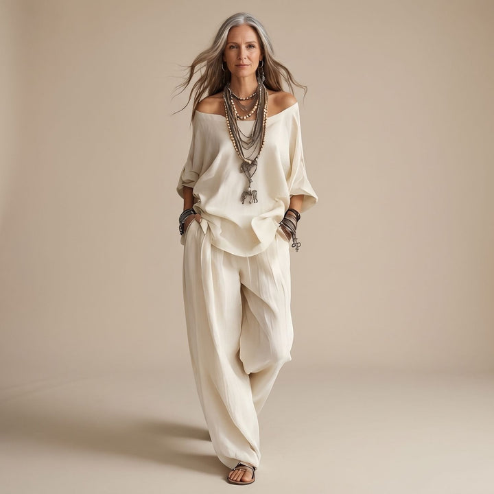 Delvorne | Women's Boho Off-Shoulder Top & Wide-Leg Pants Set - Image 1