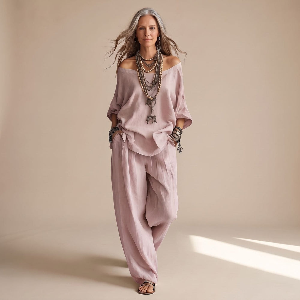 Delvorne | Women's Boho Off-Shoulder Top & Wide-Leg Pants Set - Image 2