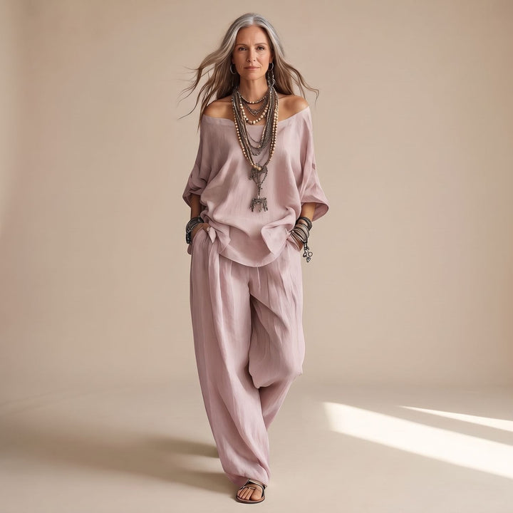 Delvorne | Women's Boho Off-Shoulder Top & Wide-Leg Pants Set - Image 2