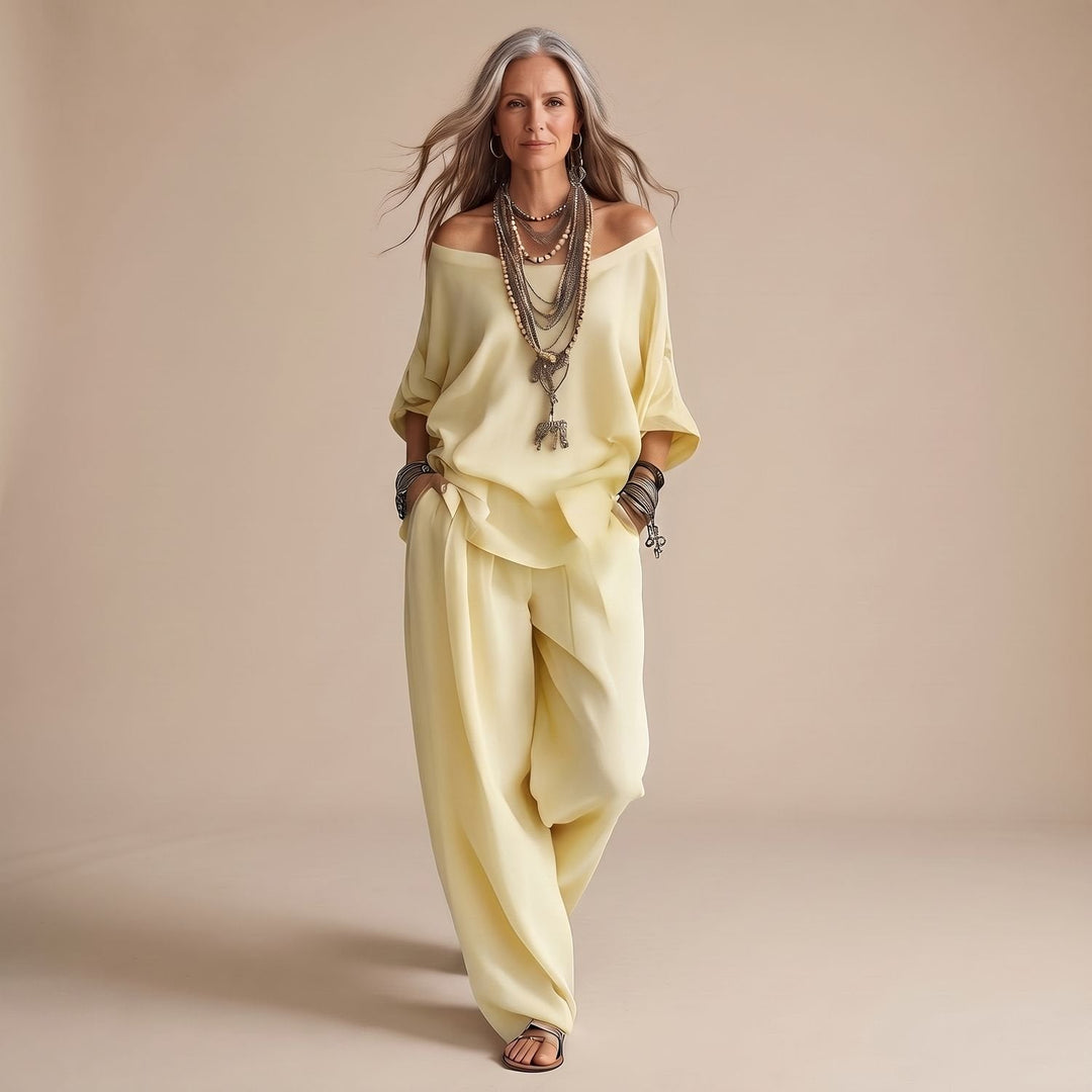 Delvorne | Women's Boho Off-Shoulder Top & Wide-Leg Pants Set - Image 3