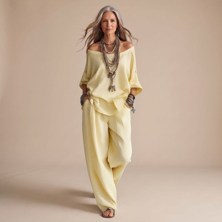 Delvorne | Women's Boho Off-Shoulder Top & Wide-Leg Pants Set - Image 3