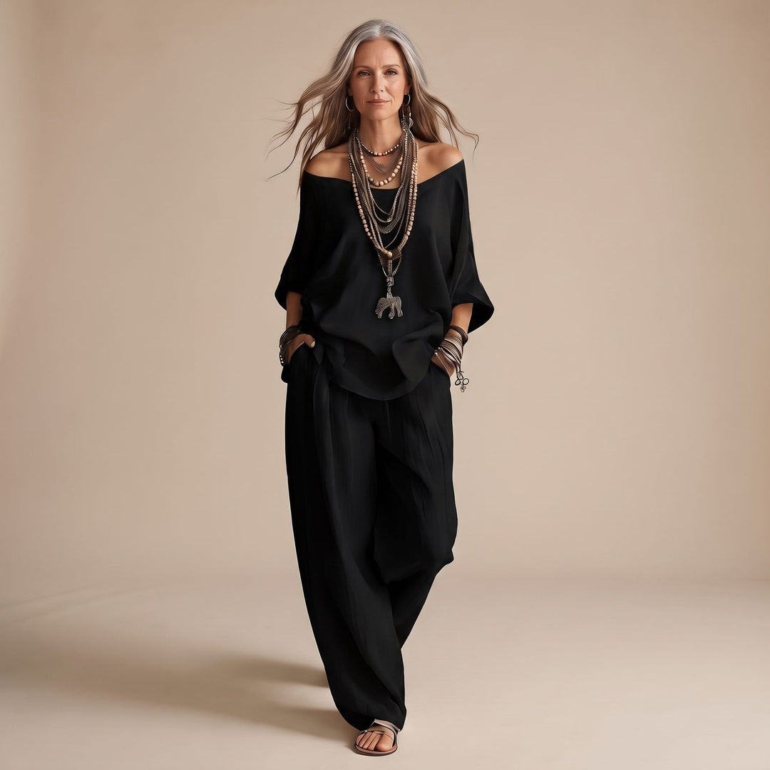 Delvorne | Women's Boho Off-Shoulder Top & Wide-Leg Pants Set - Image 5