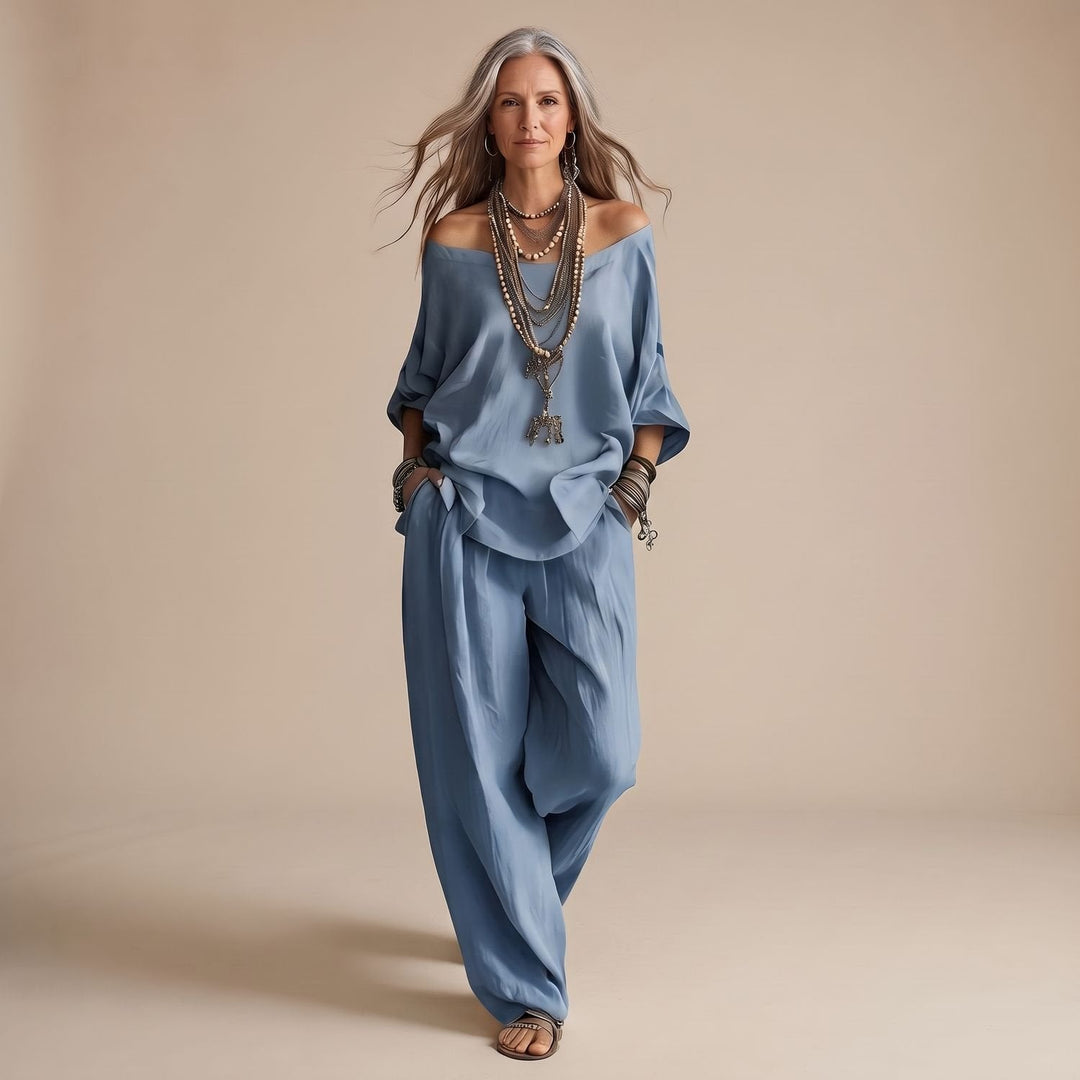 Delvorne | Women's Boho Off-Shoulder Top & Wide-Leg Pants Set - Image 6
