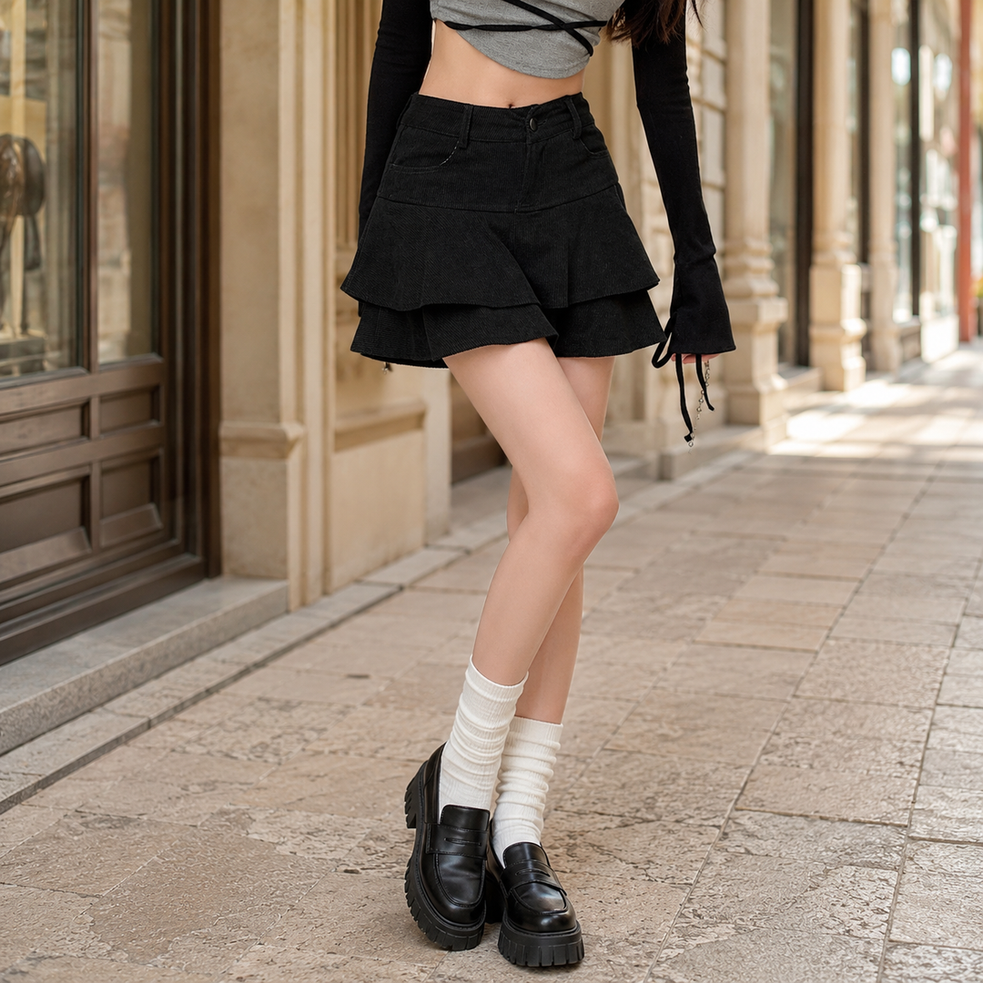 Delvorne | Women's Corduroy Layered Ruffle Mini Skirt - Black - Image 1