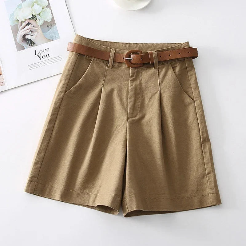 Delvwyn | Women's High Waist Linen Shorts with Belt - Image 1
