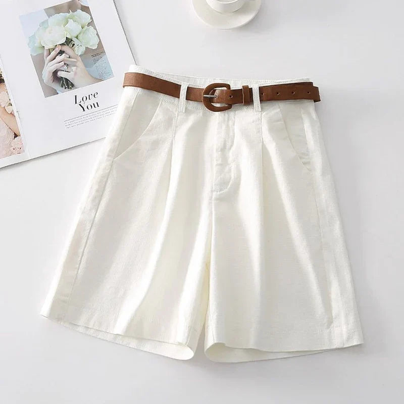 Delvwyn | Women's High Waist Linen Shorts with Belt - Image 2
