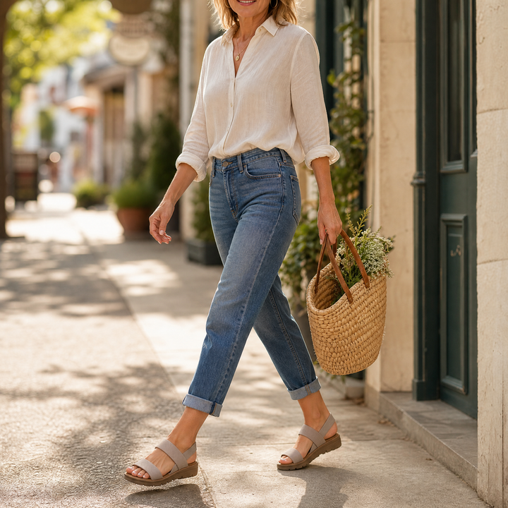 Delwyn | Women's Flat Sandals with Elastic Straps - Taupe - Image 2