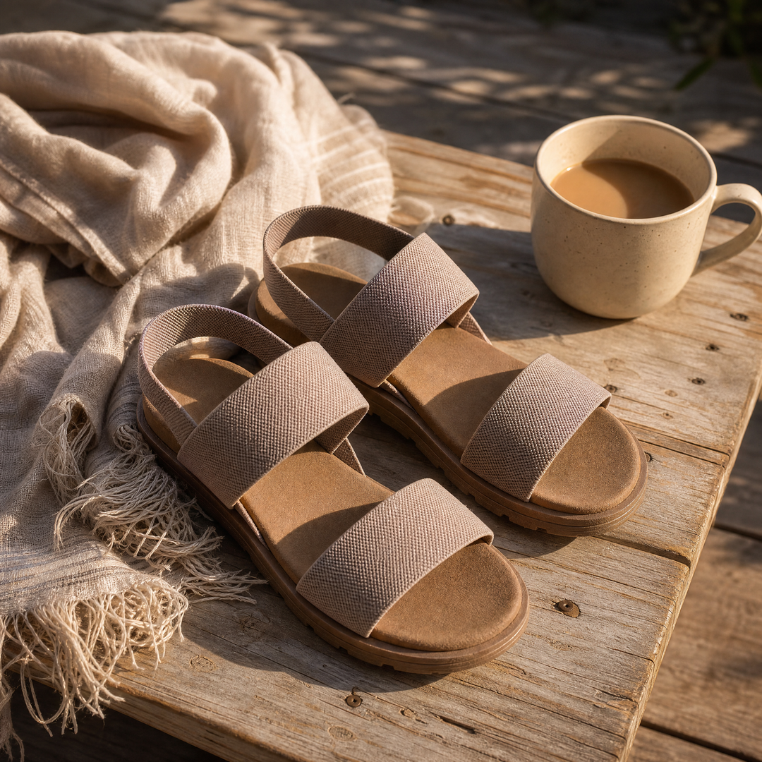 Delwyn | Women's Flat Sandals with Elastic Straps - Taupe - Image 5