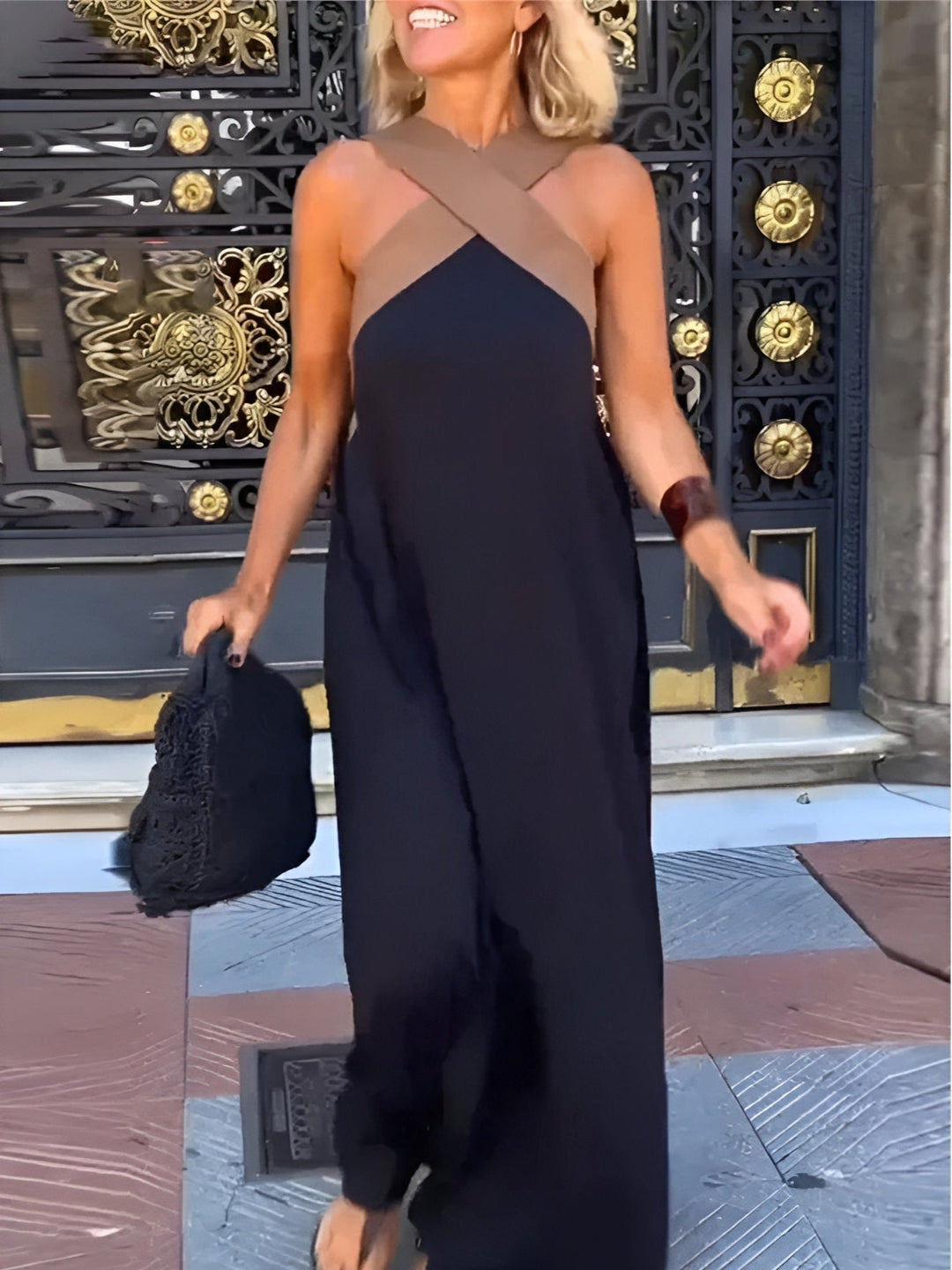 Devorah | Women's Crossover Halter Maxi Dress - Black - Image 1