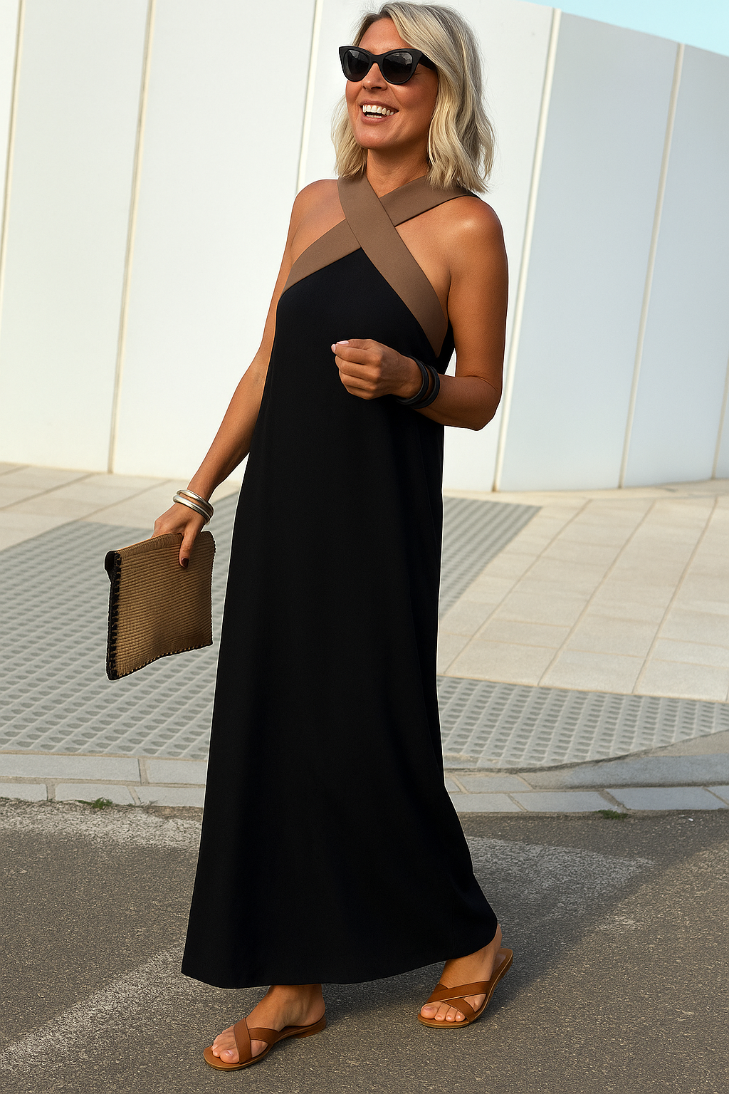Devorah | Women's Crossover Halter Maxi Dress - Black - Image 15