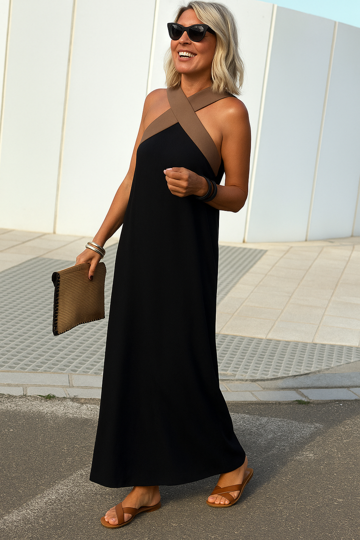 Devorah | Women's Crossover Halter Maxi Dress - Black - Image 15