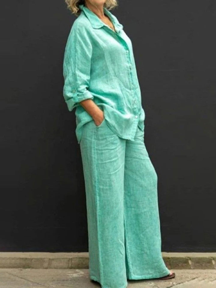 Mabel | Women's 2 Piece Textured Shirt and Wide Leg Trouser Set