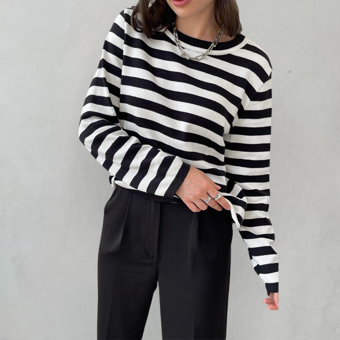 Stella | Women's Striped Knit Sweater Long Sleeve Crew Neck Pullover