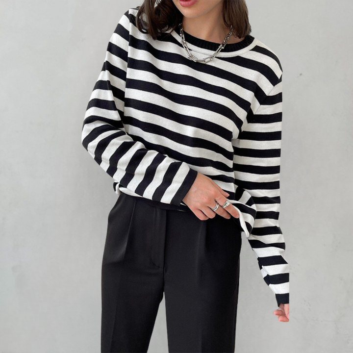 Stella | Women's Striped Knit Sweater Long Sleeve Crew Neck Pullover