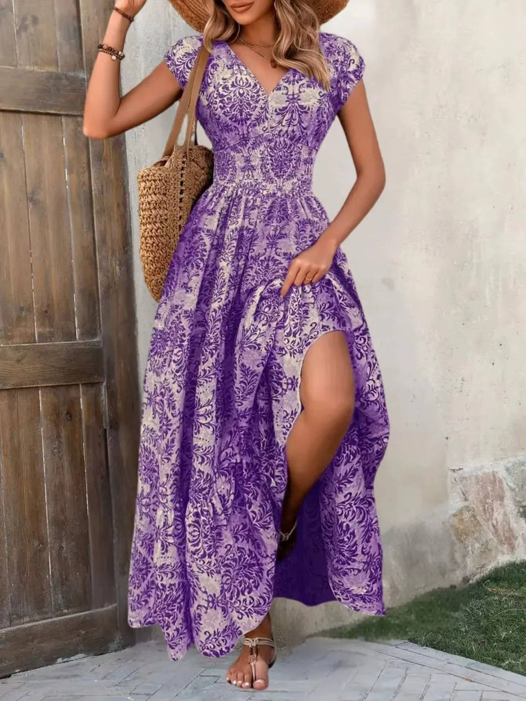 Lena | Women's Boho Smocked Waist V-Neck Tiered Maxi Dress