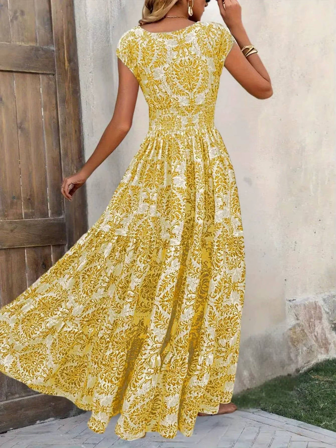 Lena | Women's Boho Smocked Waist V-Neck Tiered Maxi Dress