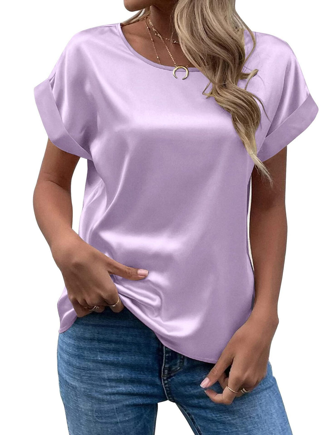 Dravaine | Women's Satin Blouse Short Sleeve Top - Image 2