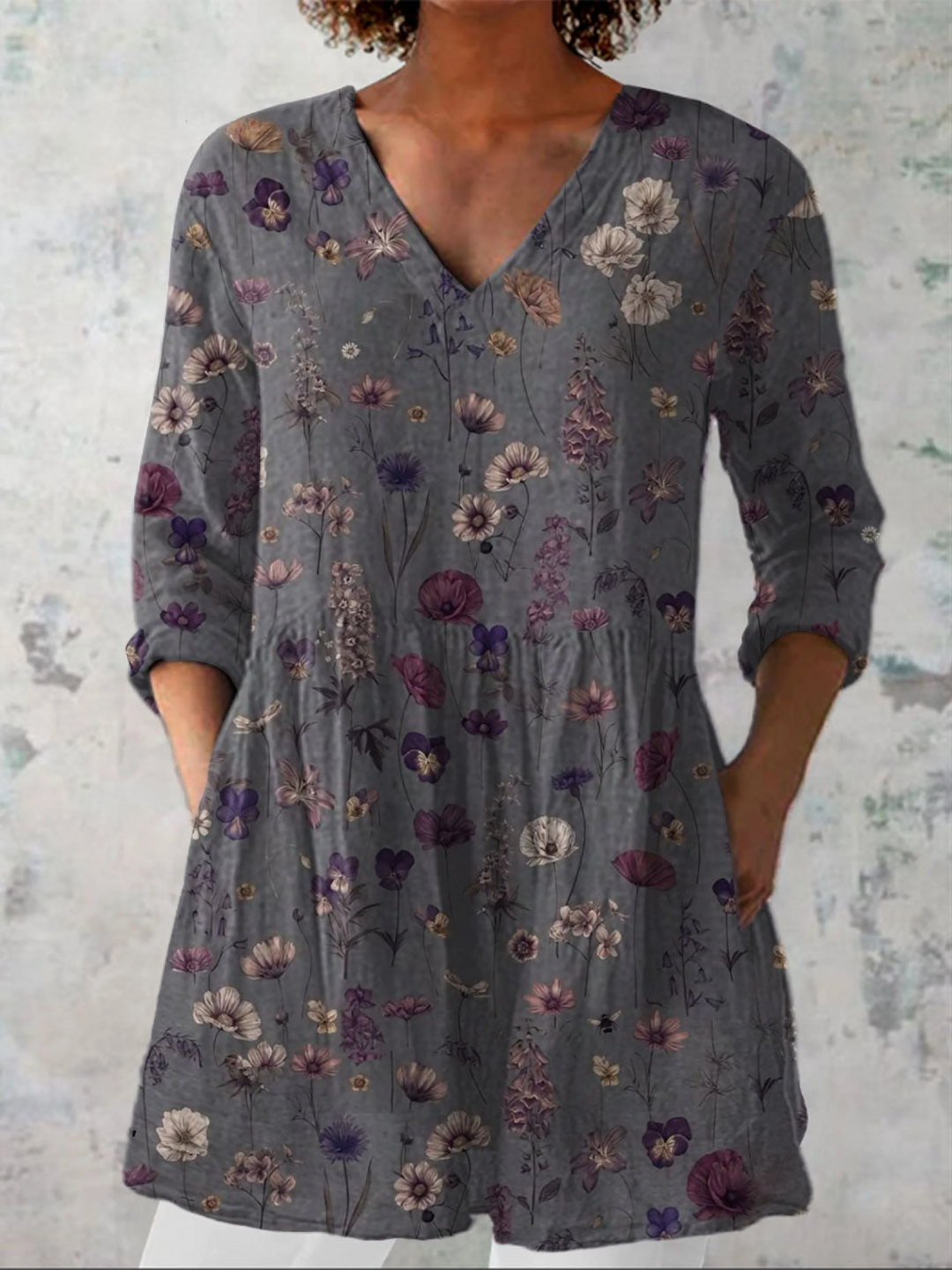 Dravelle | Women's Boho Floral Tunic Top - Grey - Image 1
