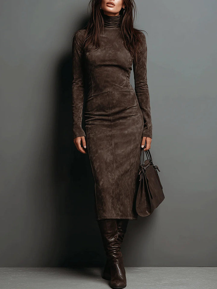 Dravinda | Women's Fitted Suede Turtleneck Midi Dress - Dark Brown - Image 1