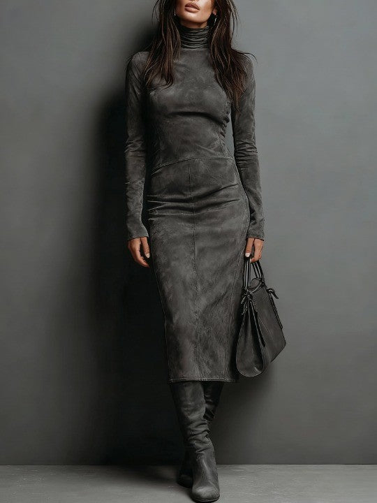 Dravinda | Women's Fitted Suede Turtleneck Midi Dress - Dark Brown - Image 2