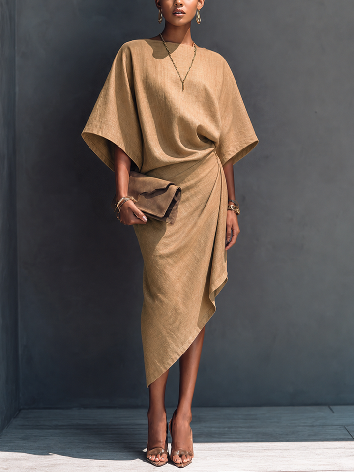 Dravinda | Women's Linen Summer Midi Dress - Camel - Image 1