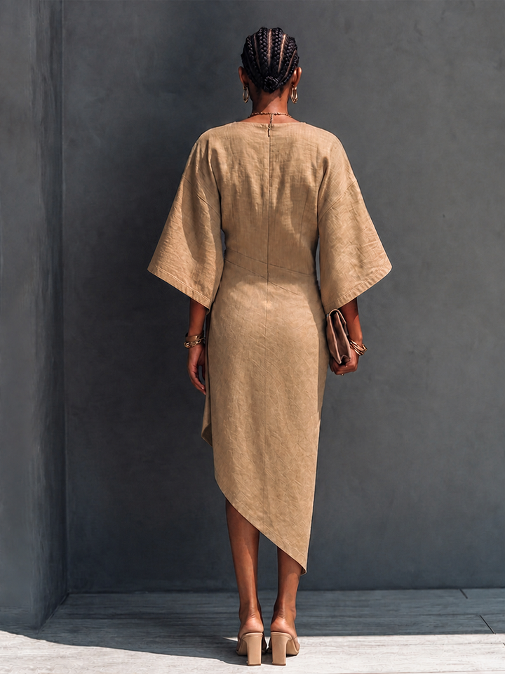 Dravinda | Women's Linen Summer Midi Dress - Camel - Image 3