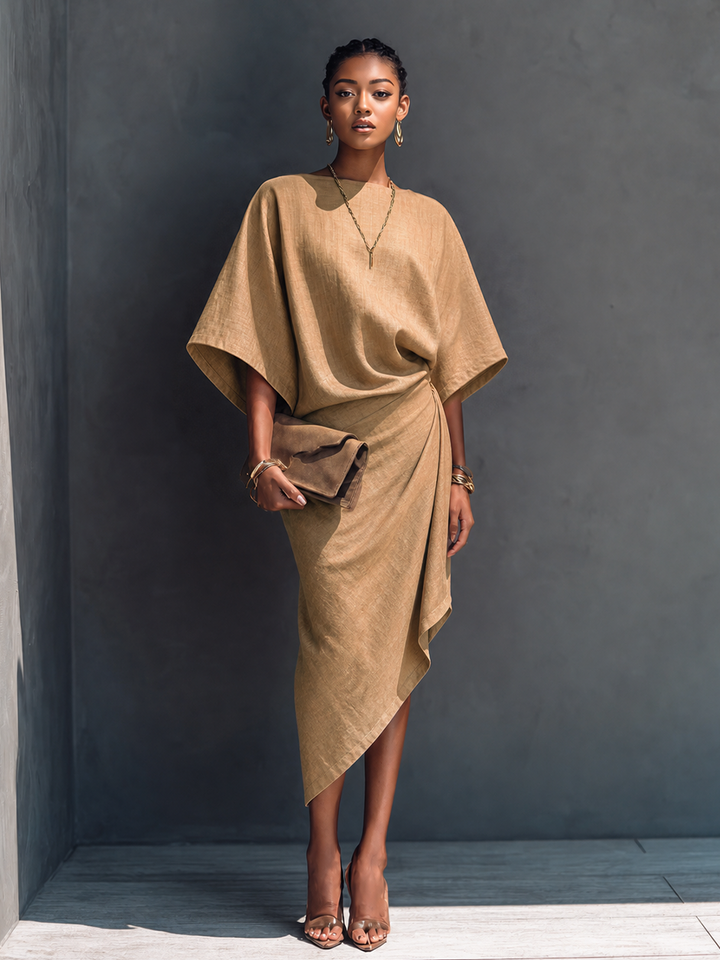 Dravinda | Women's Linen Summer Midi Dress - Camel - Image 4