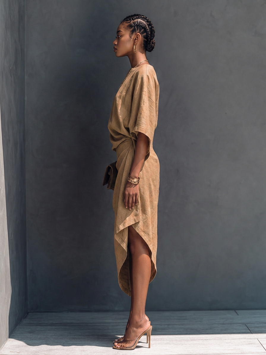 Dravinda | Women's Linen Summer Midi Dress - Camel - Image 7