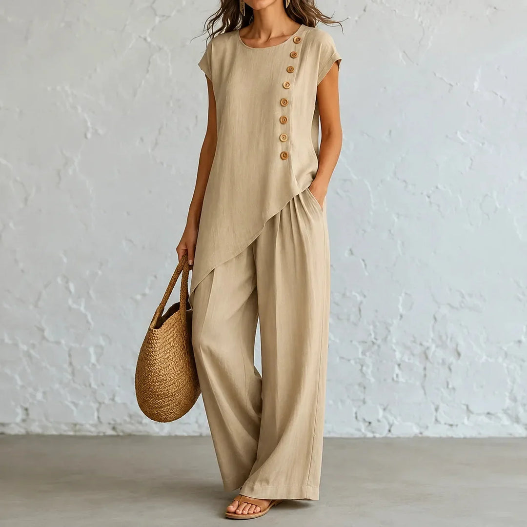 Dravinna | Women's Linen Two Piece Set Wide Leg Pants - White - Image 3