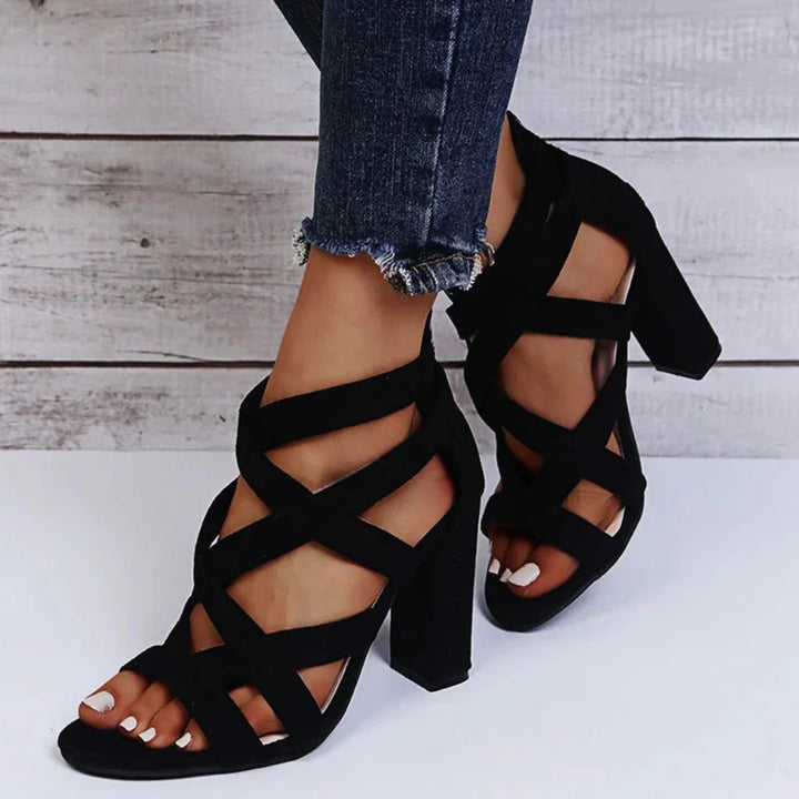 Dravorn | Women's Strappy Block Heel Sandals Open Toe - Black - Image 1