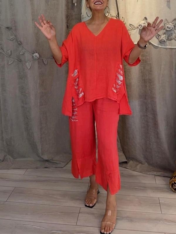 Cleo | Women's Two-Piece Set Wide Leg Pants V-Neck Top