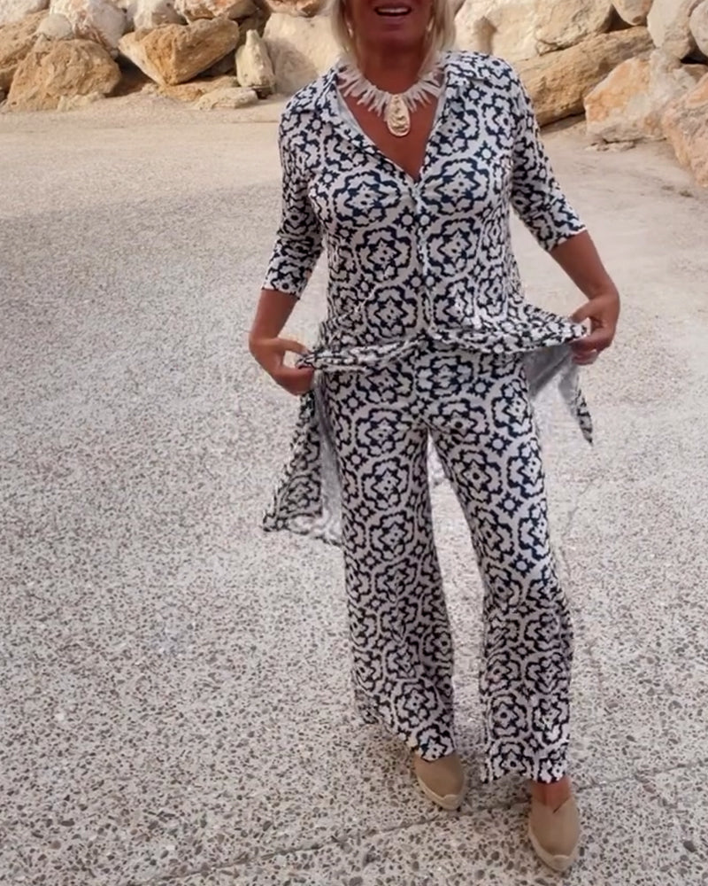Livia | Women's Printed Two-Piece Set V-Neck Blouse & Wide-Leg Trousers