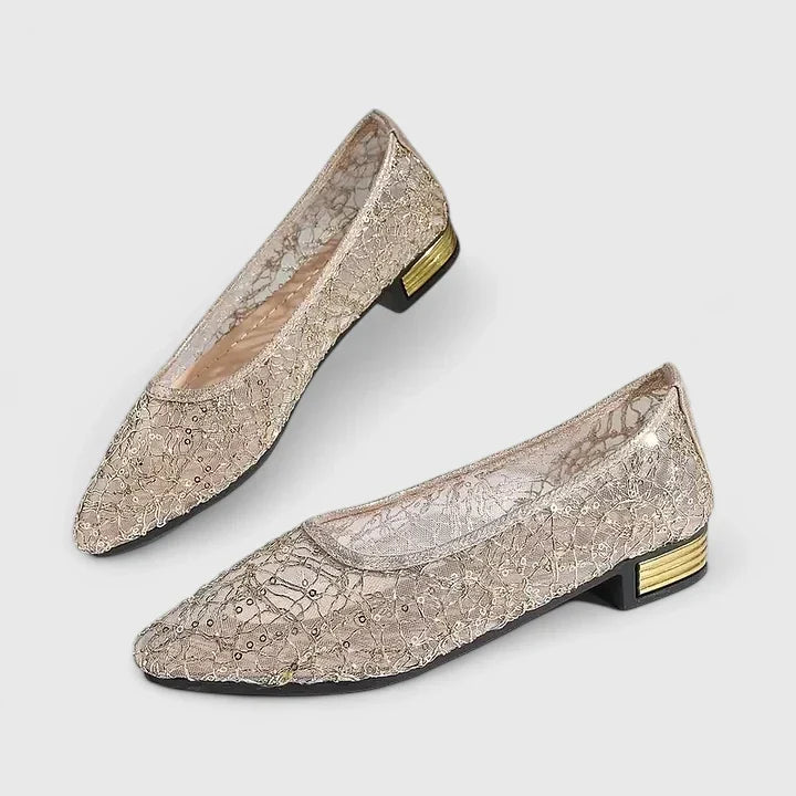 Celeste | Women's Lace Pointed Toe Flats Gold Heel Detail