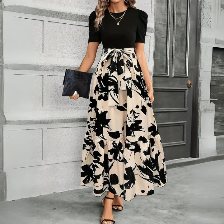 Isla | Women's High Waist Floral Print Short Sleeve Maxi Dress