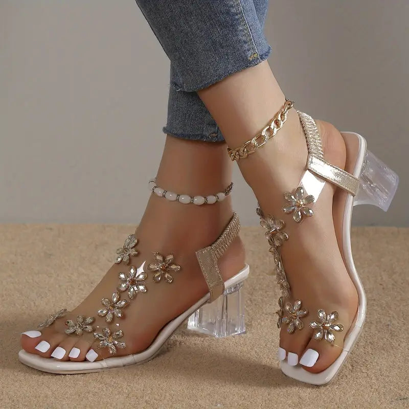 Frieda™ | Women's Flower Rhinestone Block Heel Sandals