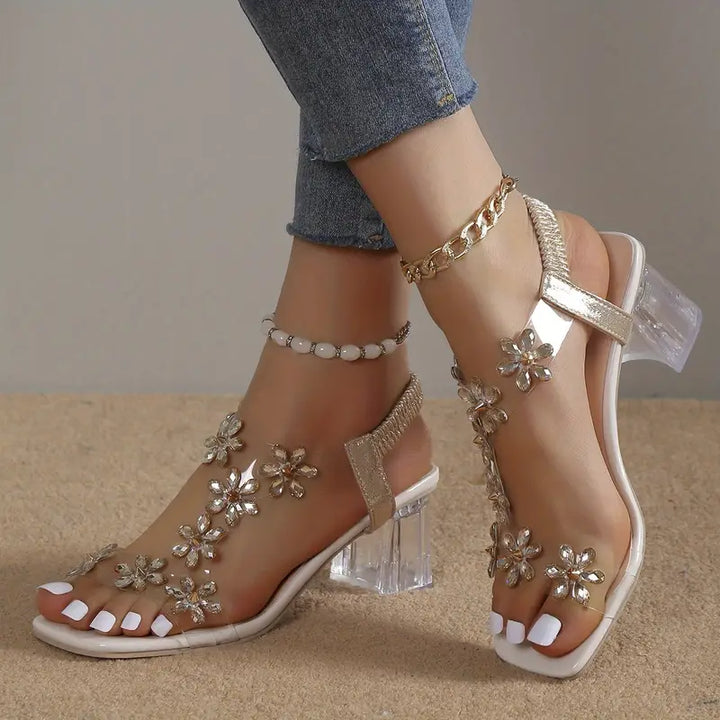 Frieda™ | Women's Flower Rhinestone Block Heel Sandals