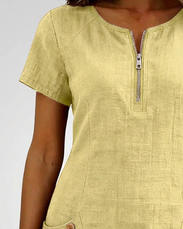 Pippa | Women's Linen Short Sleeve Zip Neck A-Line Mini Dress