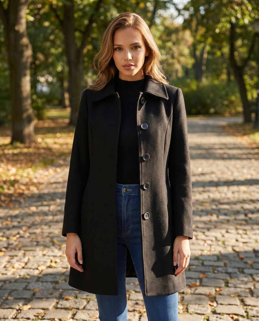 Eirene | Women's Single Breasted Tailored Long Coat - Black - Image 1