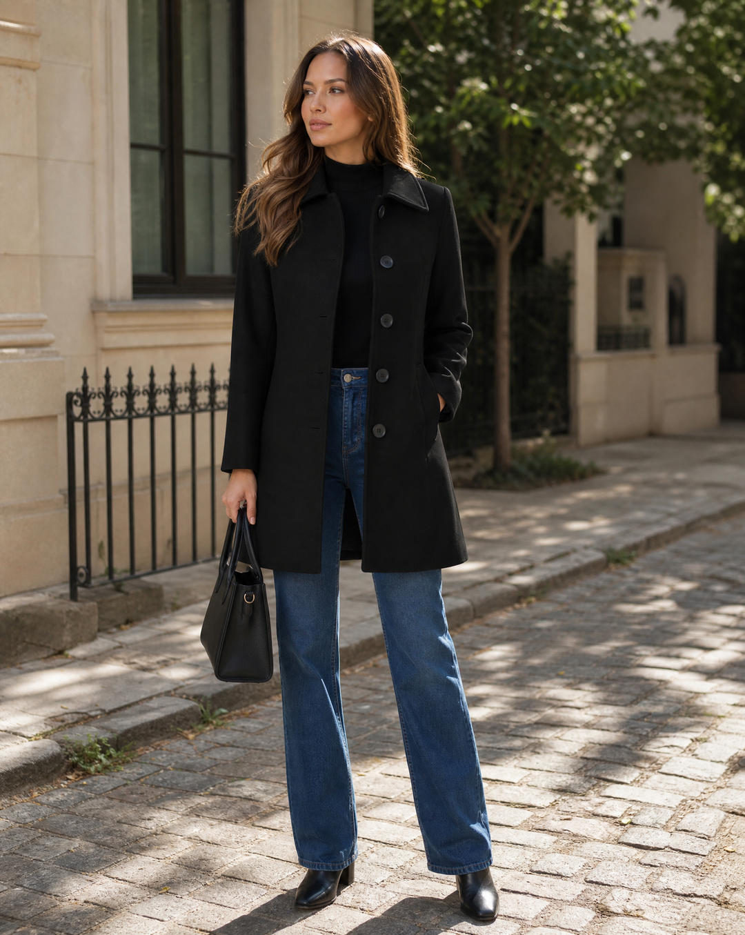 Eirene | Women's Single Breasted Tailored Long Coat - Black - Image 2