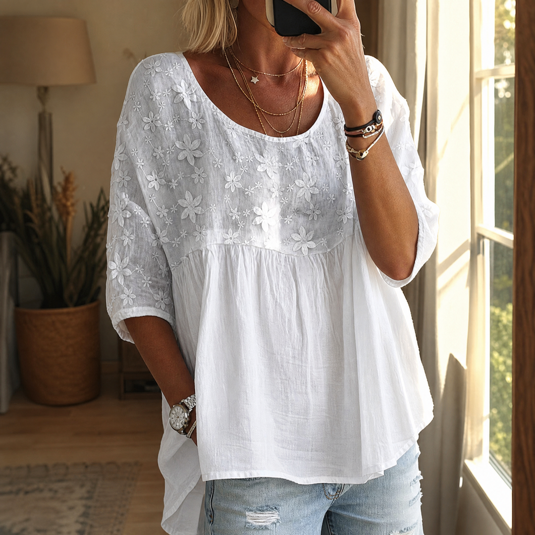 Elodie | Women's Floral Embroidered Relaxed Blouse - White - Image 1