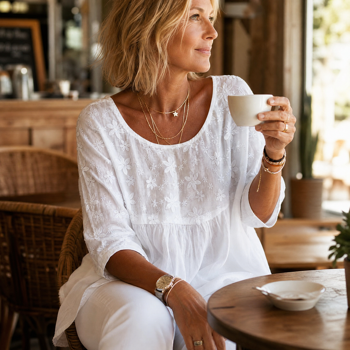 Elodie | Women's Floral Embroidered Relaxed Blouse - White - Image 3