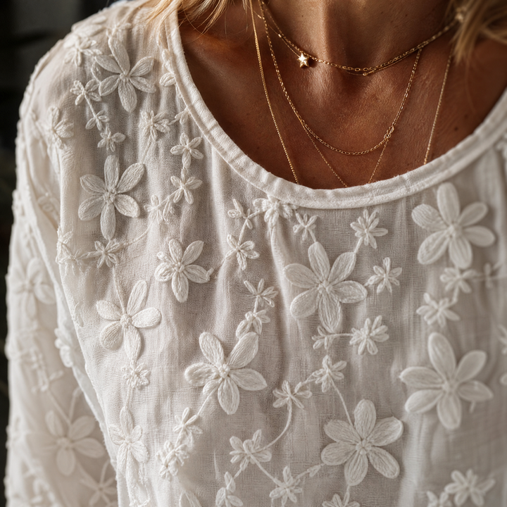 Elodie | Women's Floral Embroidered Relaxed Blouse - White - Image 6