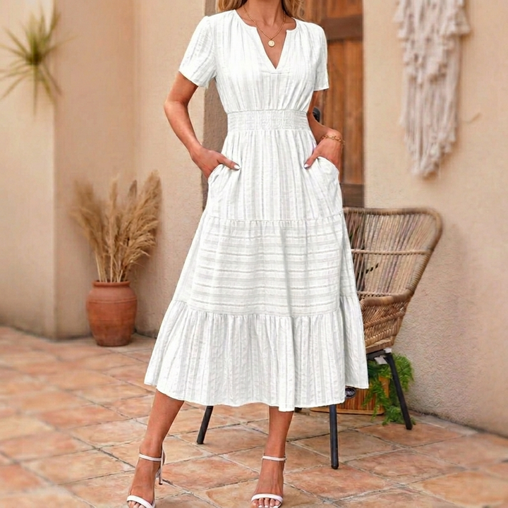 Elodie | Women's White Tiered Midi Dress with Pockets - White - Image 1