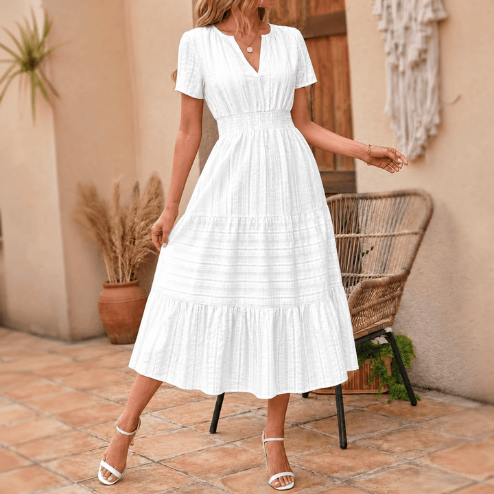 Elodie | Women's White Tiered Midi Dress with Pockets - White - Image 11