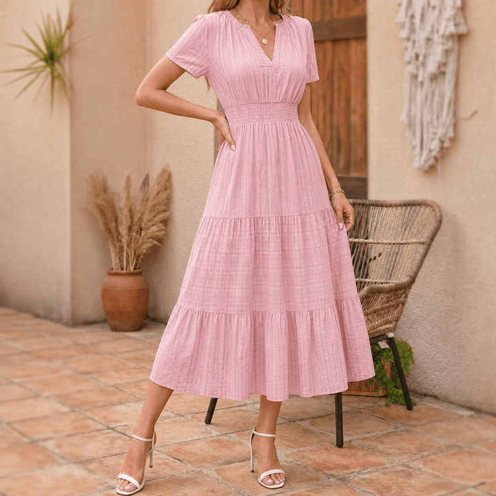 Elodie | Women's White Tiered Midi Dress with Pockets - White - Image 14